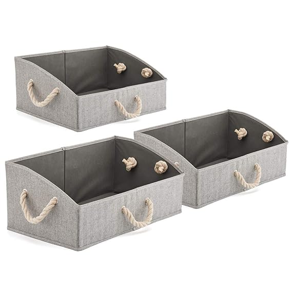 EZOWare 3 pcs Cajas de Almacenaje, Caja Abierta con Angulo de Tela Plegable Resistente con Manijas para Estanterías, Armarios, Ropa, Camisetas, Juguetes, y mas - (Gris)