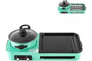 KAICHENYT Hot Pot with Grill, Electric Hot Pot and Frying Pan, Detachable Shabu Shabu Pot with Grill, 3 in 1 Indoor NonStick Korean BBQ Grill, Dual Temperature Control, Fast Heating (Green)