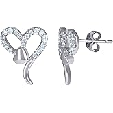 Sterling Silver Womens Cubic-Zirconia Heart Love & Heart Stud Earrings