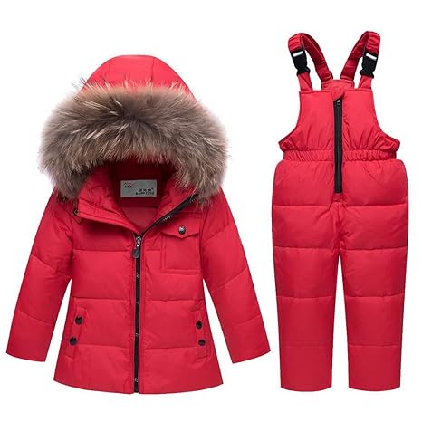 Premewish Unisex Baby Schneeanzug Set,2 tlg Daunenjacke und Schneelatzhose,Kapuze mit Abnehmbaren Plüschbesatz - 6001