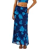 BLENCOT Womens Long Mesh Skirts Spring Boho Printed High Waisted A-Line Flowy Maxi Skirt for Beach Vacation