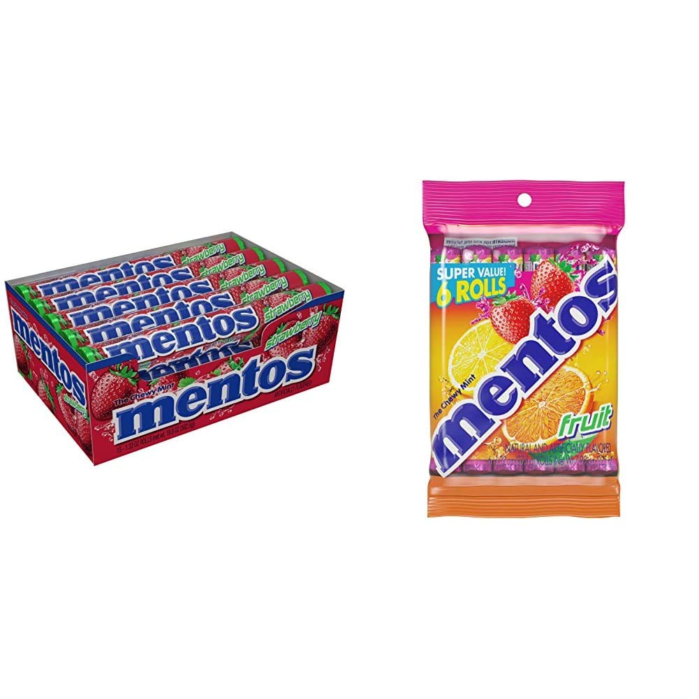 Mentos Chewy Mint Candy Roll, Strawberry, Non Melting, Party, 14 Pieces (Bulk Pack of 15) & Chewy Mint Candy Roll, Fruit, Non Melting (Pack of 6)