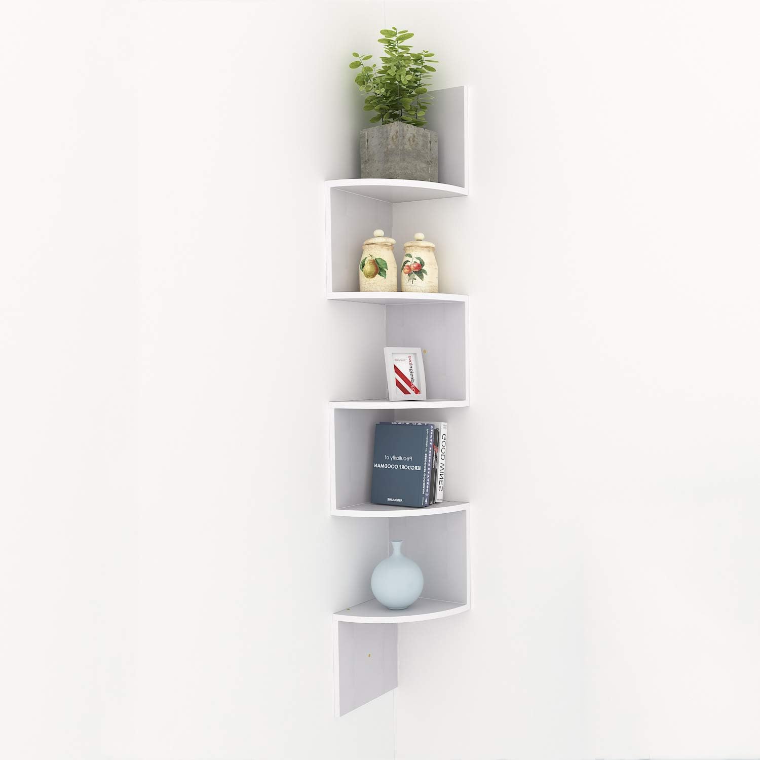 Kemanner 5-Tier Corner Wall Shelf Zig Zag Hanging Wall Floating Shelves for Photo Albums Book Display (5 Tier_White)