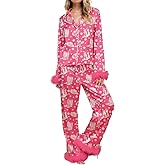 Aopwsrlyi Women's Satin Silk Pajama Set 2 Piece Christmas Pjs Set Feather Trim Long Sleeve Button Down Shirt and Pants Set