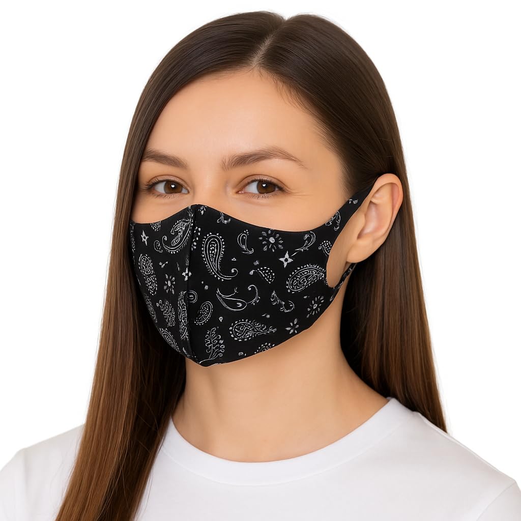 Komonee Face Mask Washable Reusable Black Paisley Dustproof Cloth Mouth Cover Covering For Men Women Outdoors Indoors Cycling Ski Protection