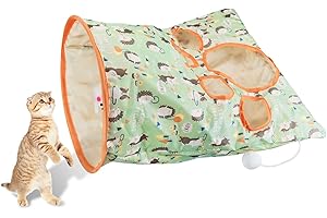 Andiker Cat Tunnel Bags for Indoor Cats, 13x17x12In Foldable Cat Crinkle Bag with 3 White Plush Balls and 1 Mouse 5 Holes for Kitten to Hide and Catch 3 Layers Cat Toy (Hedgehog)