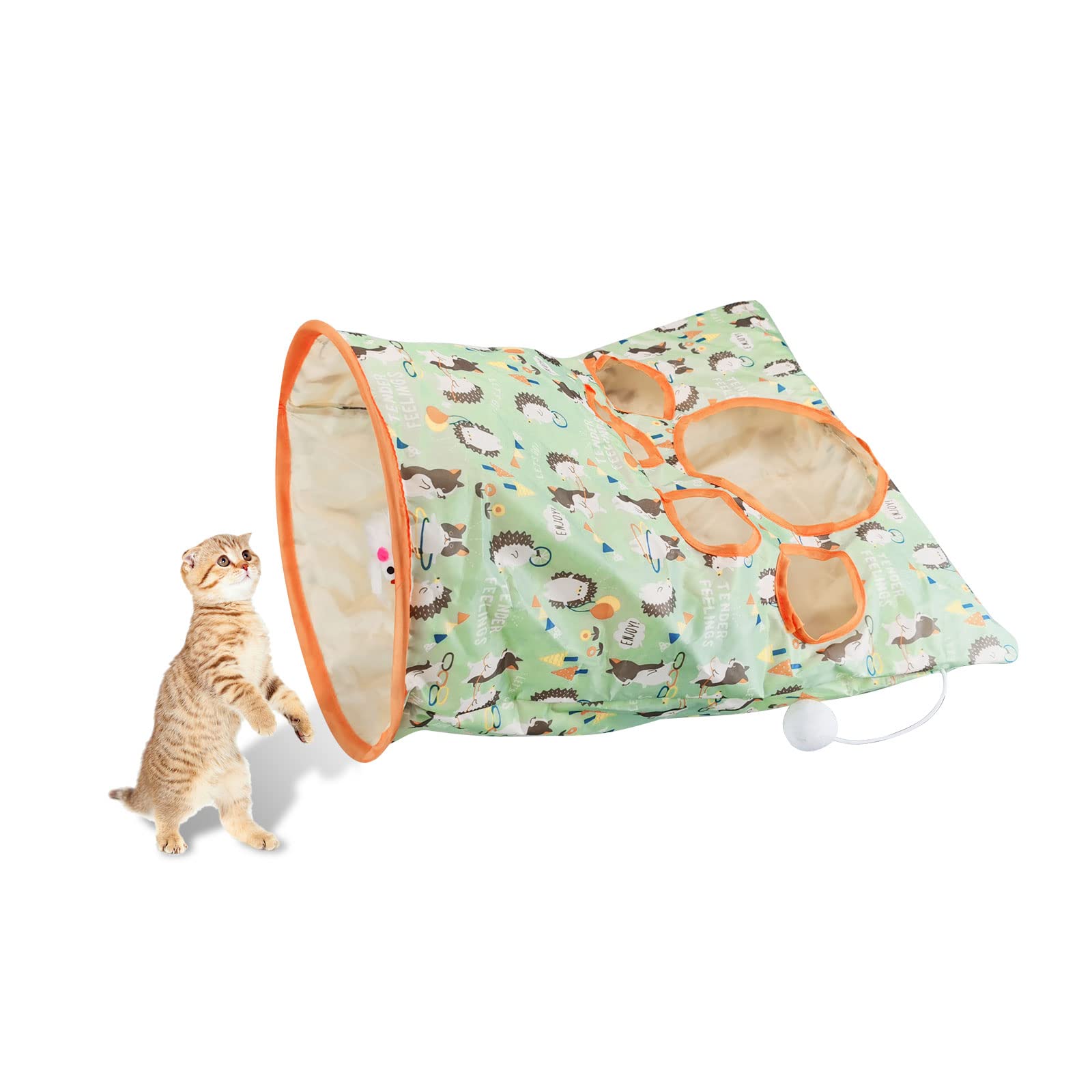 Photo 1 of Andiker Cat Tunnel Bags for Indoor Cats, 13x17x12In Foldable Cat Crinkle Bag with 3 White Plush Balls and 1 Mouse 5 Holes for Kitten to Hide and Catch 3 Layers Cat Toy (Hedgehog)