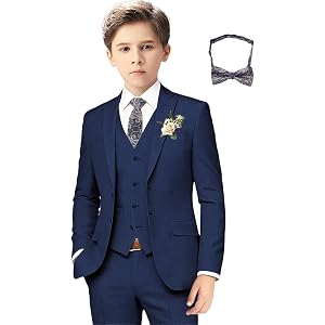 DHTS Formal Boys Suit 5 Piece Slim Fit Teen Boy Tuxedo Suits Wedding Outfit | Jacket vest pants, tie, bow tie, adjustable wai