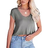 WMZCYXY Women V Neck Crop Tops Cap Sleeve Loose Fit Cropped T Shirts Casual Summer Solid Color Basic Tees