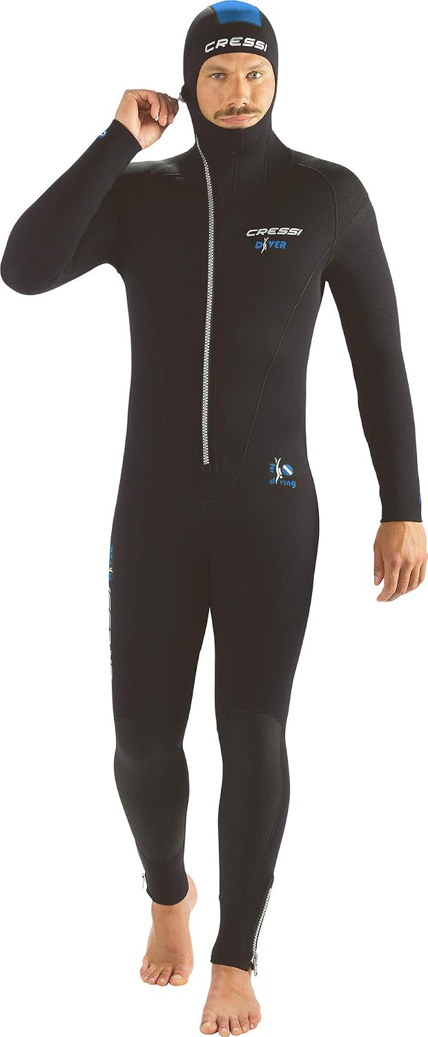 Cressi Diver Man Monopiece Wetsuit - Premium Wetsuit for Man with Fixed Hood, Black / Blue, 3XL