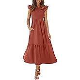 OFEEFAN Women's Casual Maxi Dresses with Pockets Ruffle Sleeve Smocked Dress XS-2XL
