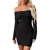 Wenrine Womens Off The Shoulder Sweater Dress Casual Ribbed Knit Long Sleeve Bodycon 2025 Fall Party Mini Dresses