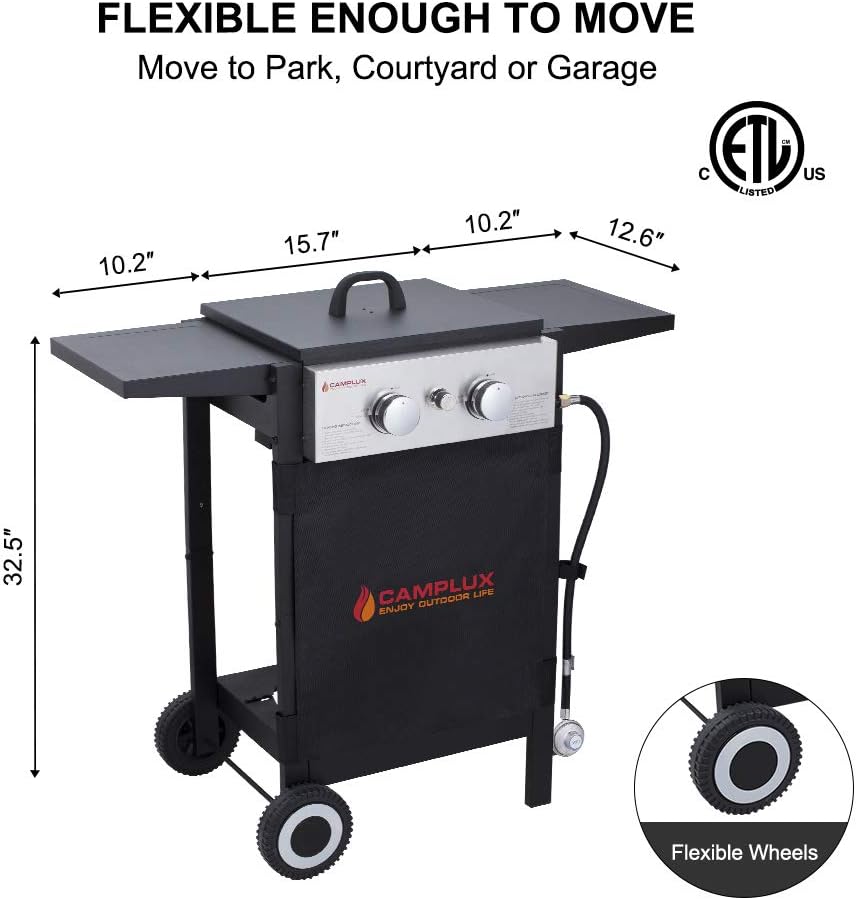 Camplux Propane Gas Griddle, Gas Grill and Griddle Combo, 22,000 BTU Outdoor Griddle 2 Burner Flat Top with 20 lb Connector, Black Windproof Lid and Movable Wheels for Home Camping Cooking Picnicking: Home Improvement
