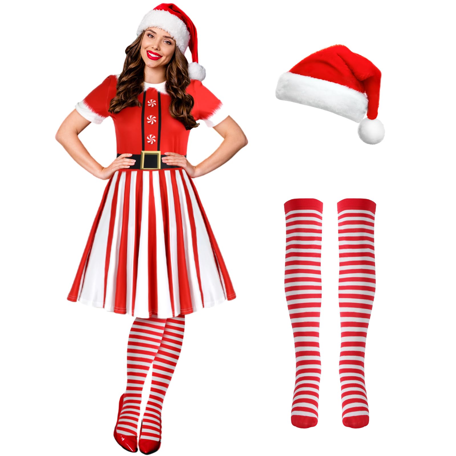 Photo 1 of Hillban 3 Pcs Christmas Elf Costume Set Womens Short Sleeve Christmas Dress Thigh High Socks Santa Hat for Xmas Party (Strip Style,Medium)