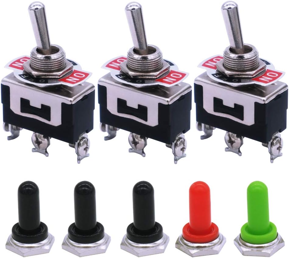 mxuteuk 3pcs Heavy Duty Rocker Toggle Switch 15A 250V SPDT ON/OFF/ON 3 Terminal 3 Position + 5pcs Metal Knob Cover Cap Waterproof