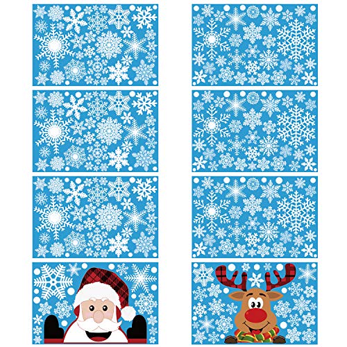 300 PCS 8 Sheet Christmas Snowflake Window Clings Stickers, Xmas Decals Decorations Snowflake Santa Claus Reindeer Decals for Glass Window Door Holiday Party Supplies