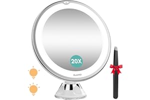 Auxmir 2025 Upgraded 20X Magnifying Mirror with Light, Makeup Mirror with 2-Level Lights, Vanity Mirror with Power Suction Cup and Tweezers, 360° Swivel, Portable Bathroom Mirror for Home Travel