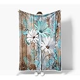 JAWO Farmhouse Flower Floral Throw Blanket, Rustic Teal Turquoise Daisy Fleece Cozy Warm Bed Couch Blanket, Country Blue Fleece Flannel Throws to Decorate The Room and Bedroom Warm Blanket 50X60IN