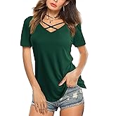 Amoretu Womens Summer Tops V Neck Criss Cross Short Sleeve Basic Plain Tee T-Shirt