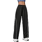 OYOANGLE Women's Contrast Color Casual Sports Pants Drawstring Straight Leg Side Stripes Sweatpants