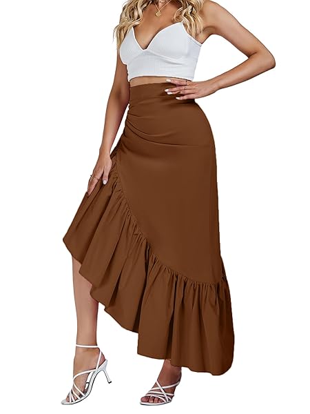 UMENLELE WOMEN’S RUCHED RUFFLE HIGH LOW ASYMMETRICAL HEM HIGH WAIST MIDI SKIRT BROWN X-LARGE
