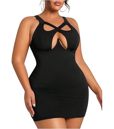 WDIRARA Women's Plus Size Sexy Ladder Cut Out Solid Mini Bodycon Cami Dress Black 0XL : Clothing, Shoes & Jewelry