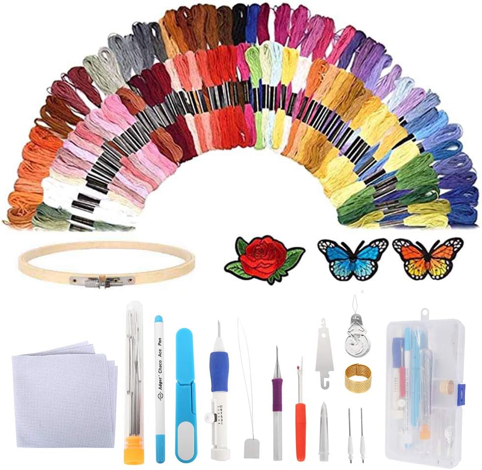 Embroidery Kit for Beginners, 85Pcs Embroidery Cross Stitch Starter Tool with 50 Colours Embroidery Thread Sewing Pins Embroidery Hoop Pattern Cross-Stitch Fabric for Adults and Kids