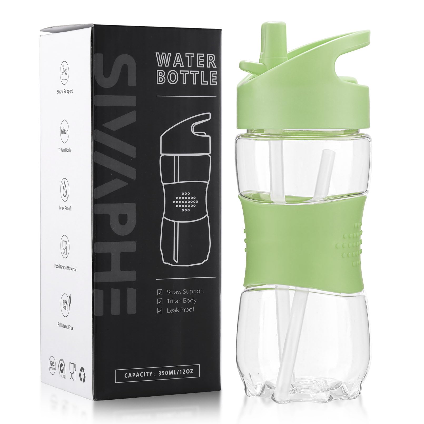 Sivaphe Children Water Bottle Leak Proof Camping, Student Kids School Outdoor Activities, Travel, Hiking, Cycling Drinking Bottle with Handle and Silicone Straw-Tritan Plastic (Green, 350ML-400ML) — image 1