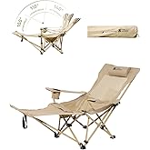 MOBI GARDEN Reclining Camping Chair with Foot Rest, 4-Position Adjustable Folding Lounge Chair for Adults, Portable & Detachable Footrest – Sand - Mesh Back