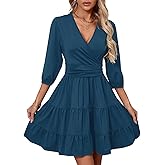 PerZeal Women's Wrap V Neck 3/4 Sleeve Wedding Guest Dress Elastic Waist Tiered Belted Ruffle Hem Mini Dress