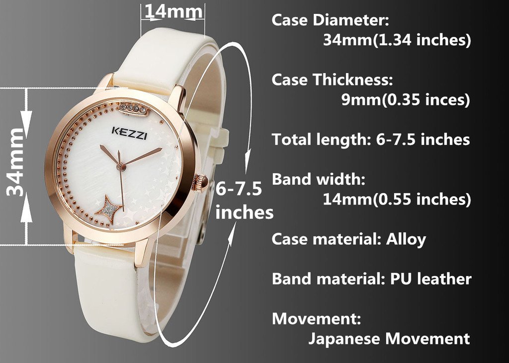 JSDDE Women Fashion Water Resistant Japanese Quartz Seashell Star Dial PU Leather Band Wrist Watch-White