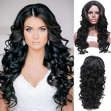 Amazon Com Black Silk Head Cover Long Curly Hair Big Wave Wig