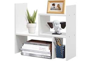 TY ARTS & CULTURE - Expandable Wood Desktop Storage Organizer Multipurpose Desk Bookshelf Display Shelf Rack Counter Top Bookcase for Office Home | Pure White