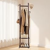 ZLRIAOI Solid Wood Coat Rack Freestanding Clothes Rack with Wheels | Rolling Wood Hall Tree with 4 Hooks 2 Shelves, Small Clothing Rack for Clothes,Walnut Brown Coat Rack Stand for Entryway