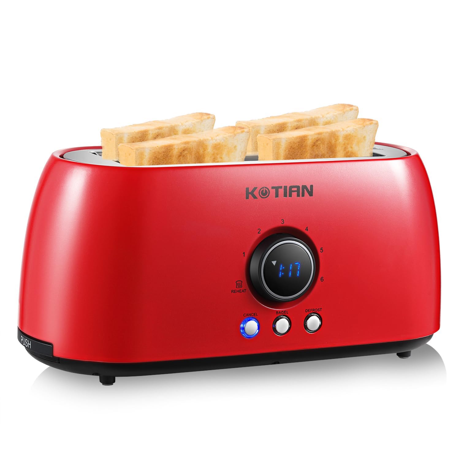 Photo 1 of Toaster 4 Slice,KOTIAN Retro Long Slot Toasters with Countdown Timer,Stainless Steel Toaster,Bagel,Defrost,Reheat,Cancel Functions,Extra Wide Slots,6 Toast Settings,Removable Crumbs Tray,Red