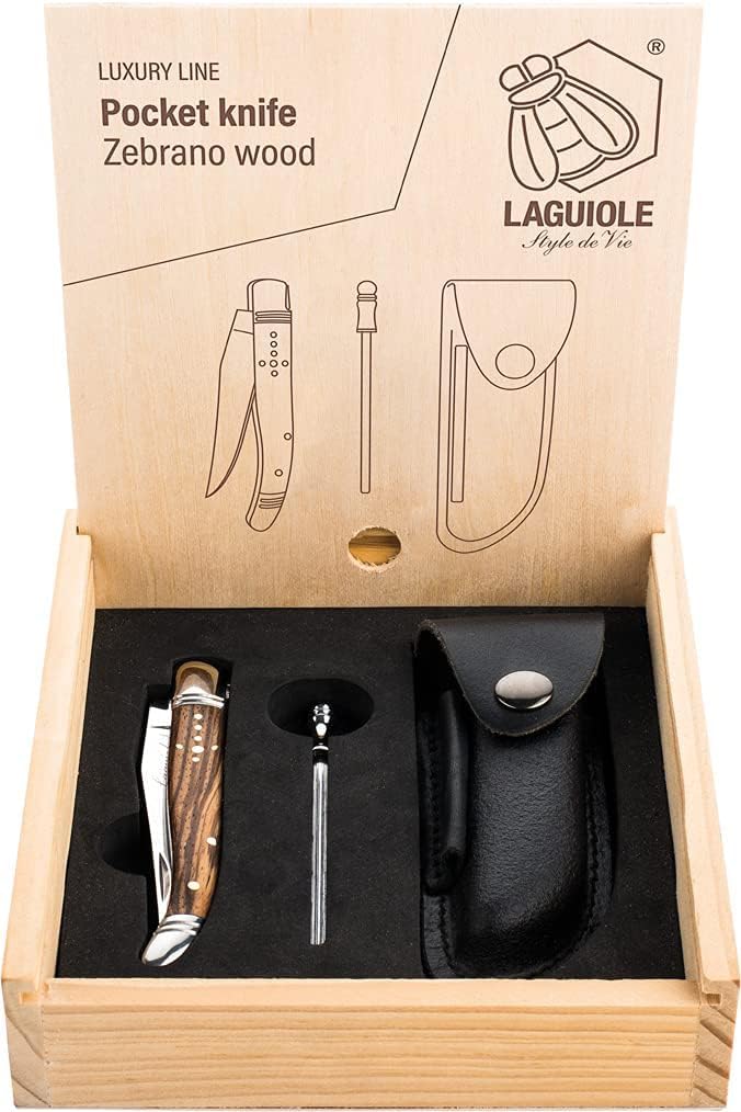 Laguiole Style de Vie Pocket Knife with Sharpening Steel | Zebrawood Handle, Leather Pouch & Gift Box