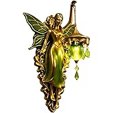 Fairy Wall Sconce, Vintage Resin Angel Wall Lamp with Green Glass Lantern, Battery Operated Decorative Wall Light for Bedroom Living Room, Unique Home Decor Gift for Women