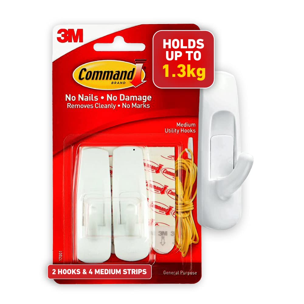 Command 17001CS Medium White Hooks, Indoor Use, Holds 3 lbs (17001ES), Multi-Colour, 3.17 x 9.9 x 17.14 cm