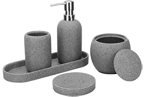 Aksipo Bathroom Accessory Set, 5 Pcs Resin Modern Gray Elegant Bathroom Decor with Lotion Dispenser, Soap Dish, Toothbrush Holder, Vanity Tray, Qtip Holder Dispenser, Housewarming Gift Set