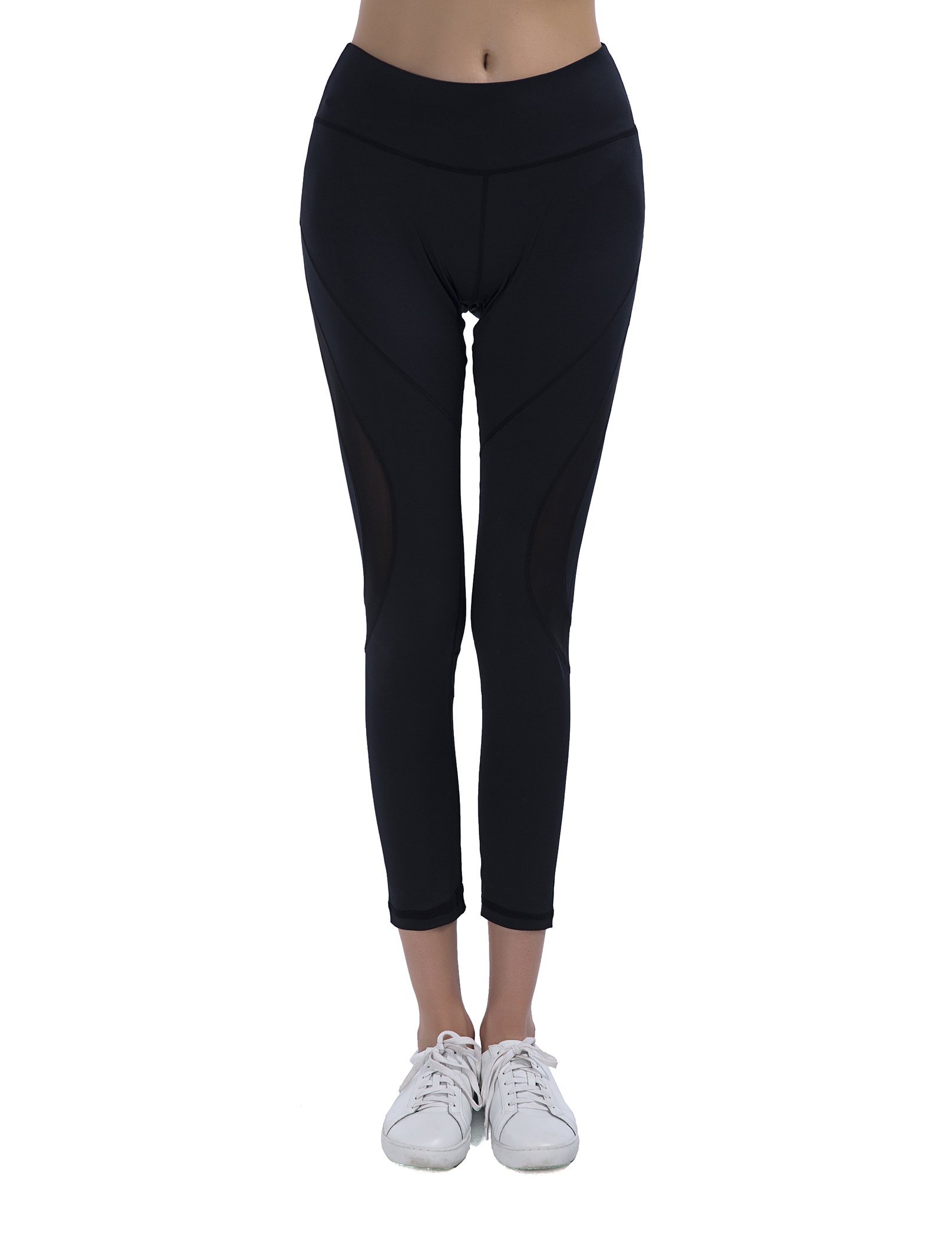 SPECIAL MAGIC Women\'s Mid Waist Side Mesh Ankle Length Workout Leggings Yoga Pants For Summer Black S