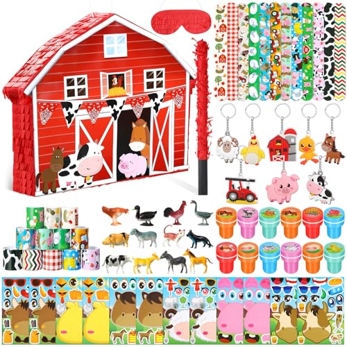 Pasimy 59 Pcs Farm Piñata Animal Theme Party Favor Fiesta Farm Barnyard Piñata Blindfold Stick Stamper Sticker Slap Bracelet Keychain Figure for Fiesta Birthday Party Supplies Carnival Gift