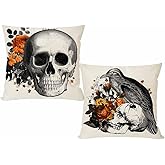 PANDICORN Skull Halloween Throw Pillow Covers 18x18 Set of 2 Gothic Raven Crow Floral Spooky Fall Halloween Decorations Indoor Outdoor Decorative Throw Pillows Cases for Home Room Couch Porch Decor