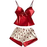 Floerns Women's 2 Piece Pajama Set Satin Bow V Neck Cami Tops and Heart Print Shorts Set