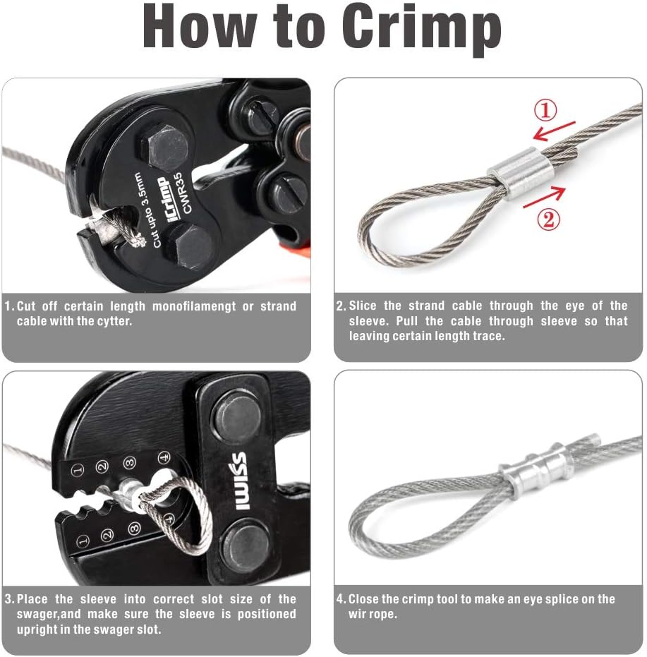 IWISS Wire Rope Crimping Tool with Cable Cutter Works for Aluminum Oval Sleeves and Stop Loops Steel Copper Sleeves and Ferrules from 3/64-inch to 1/8-inch - - 