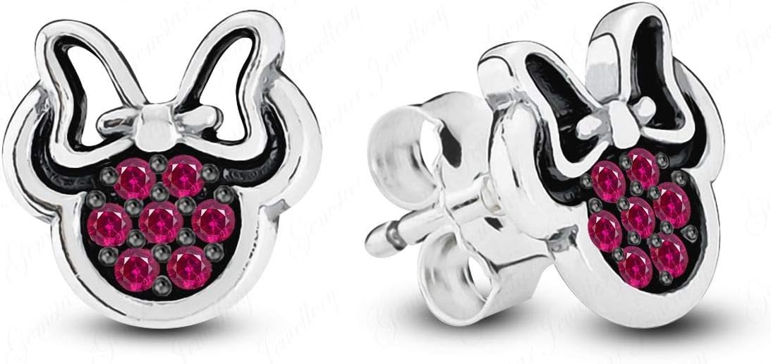 Minnie Mouse 18K White & Black Gold Finishing Disney Stud Earrings With Red Ruby
