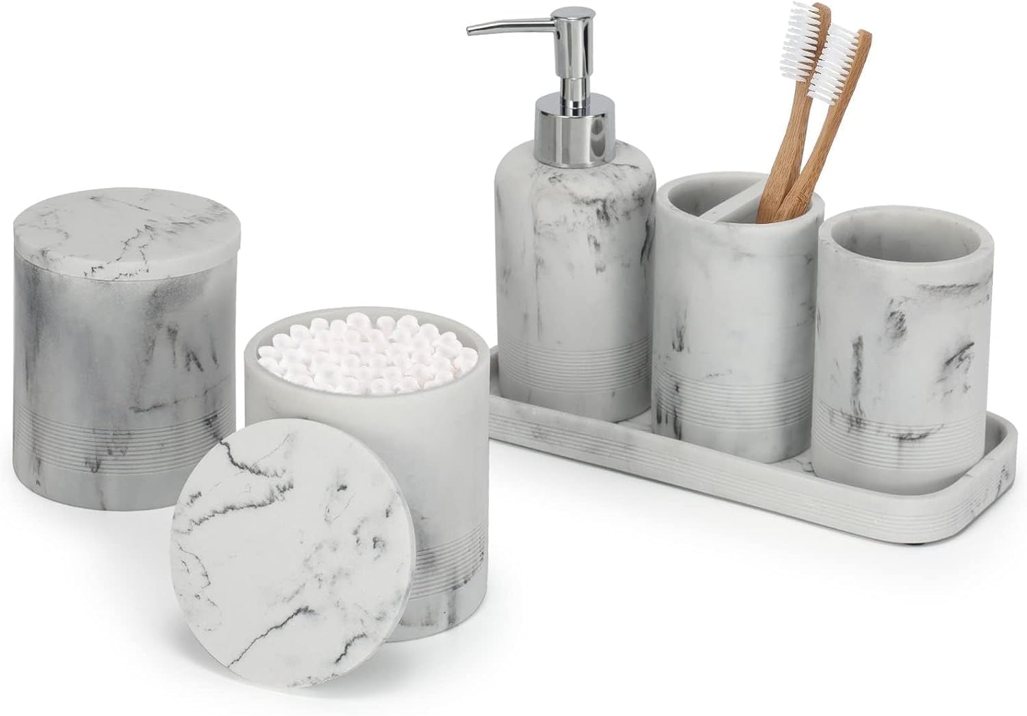 ZCCZ White Bathroom Accessory Set 6 Pieces - Organiser With Toothbrush Holder, Lotion Soap Dispenser, Vanity Tray and 2 Q-tip Holders - Modern Decor Accessories