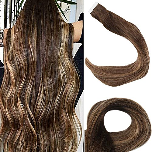 Full Shine 14" Remy Tape in Extensions Human Hair Balayage Ombre Color #4 Fading to #27 and #14 Highlighted With Color #4 2.5g/Pcs 50gram/Pack Balayage Tape in Remy Human Hair Extensions