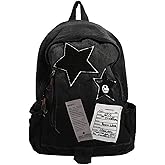 KANGDAWEI Cute Star Denim Backpack, Grunge Y2K Vintage Fashion Bookbag, Aesthetic Emo 2000s Backpack for Women Men Casual Bag (Black)