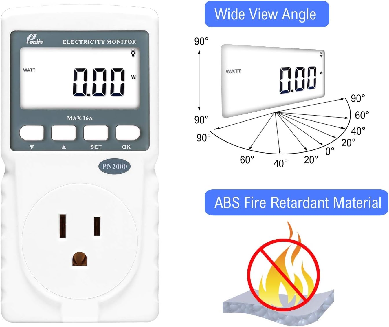 Poniie PN2000 Plug-in Kilowatt Electricity Usage Monitor Electrical Power Consumption Watt Meter Tester w/ Extension Cord - - 