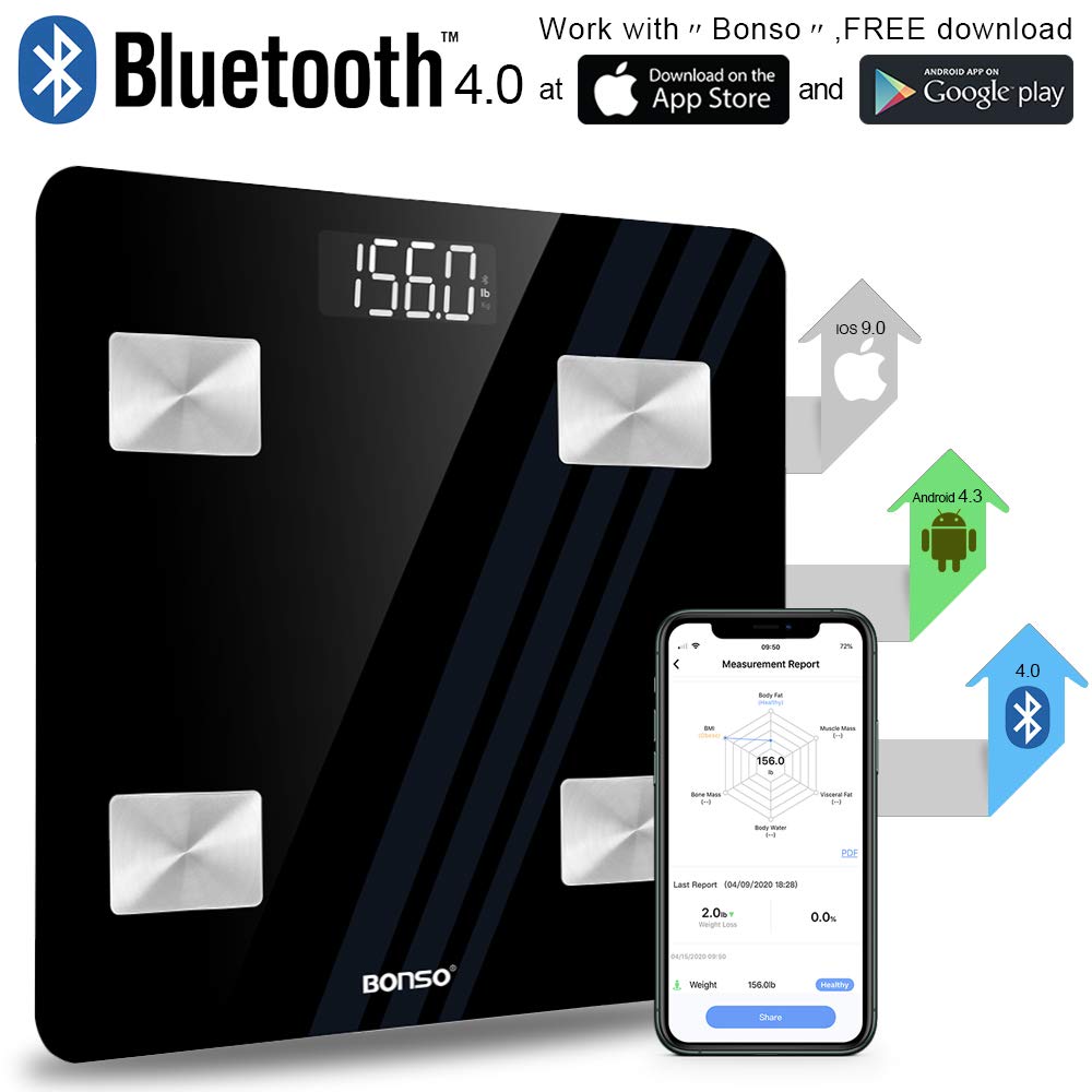 BONSO BMI Smart Scales Digital Weight and Body Fat, Bluetooth Body Composition Analyzer, Bathroom Body Weight Scales Most Accurate, Scales for Body Weight and Fat with Smartphone App (400lbs): Industrial & Scientific